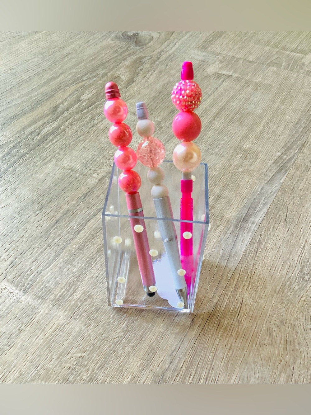 Homemade Crafted Beaded Pens & Pencils w/ Acrylic Pen Holder Stationery Set OS
